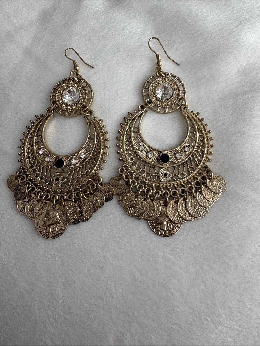 Gold-Tone Filigree Coin Drop Earrings - Boho Chic